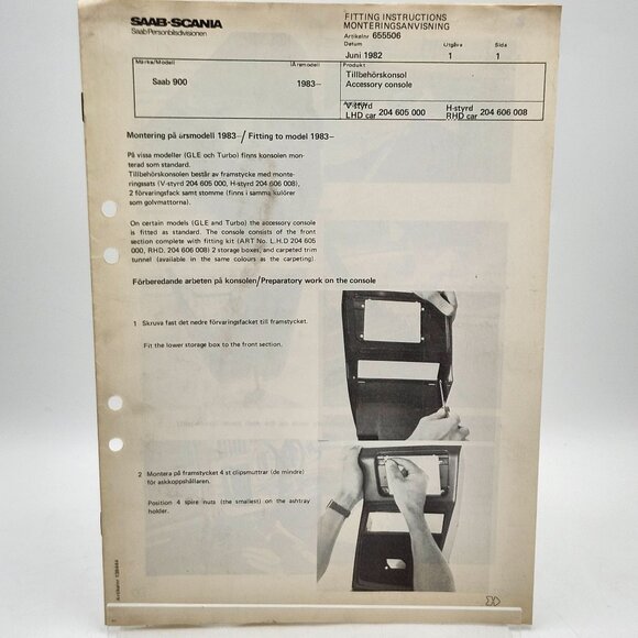 Saab Scania 900 1983 Genuine Accessory Console Installation Manual - Picture 1 of 2